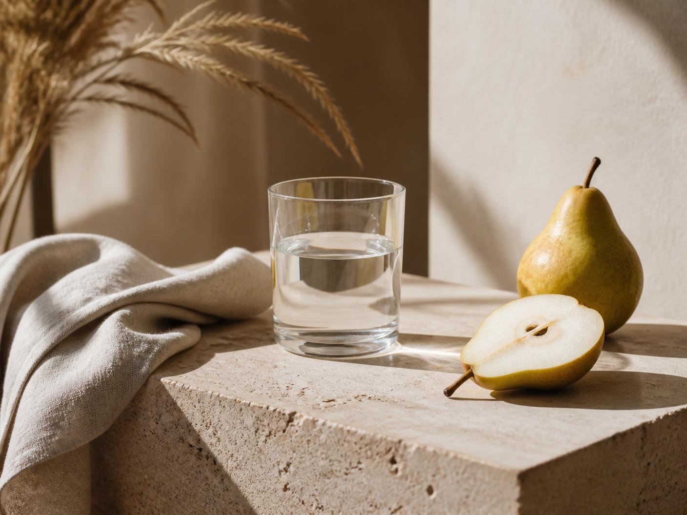 Vaso de agua, fruta fresca y textil de lino sobre una superficie de travertino